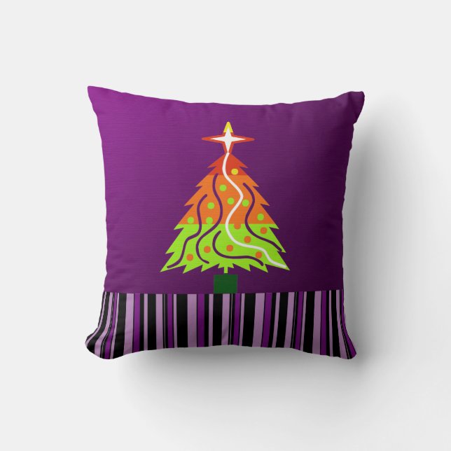 Cojín Decorativo Árbol de Navidad de fondo morado. Rayas retro (Anverso)