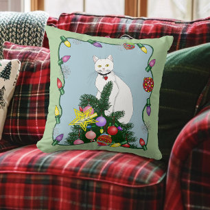 Cojín Decorativo Árbol de Navidad Divertido y Festivo Gato Blanco D