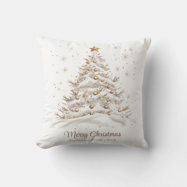 Cojín Decorativo Árbol de Navidad dorado y blanco en nieve (Anverso)