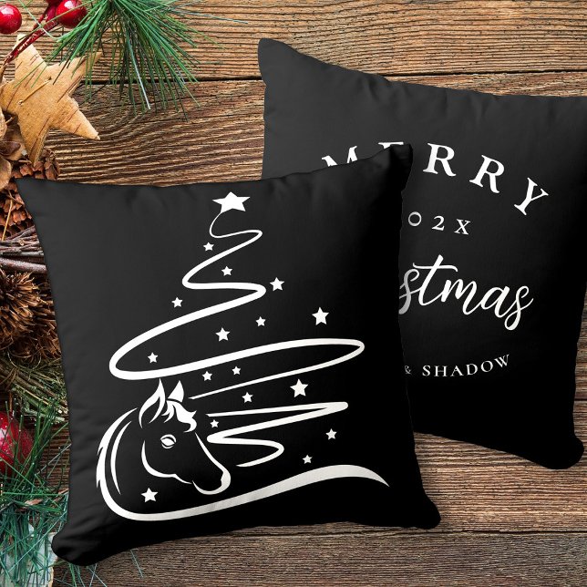 Cojín Decorativo Árbol de Navidad ecuestre negro y blanco (Horse Christmas tree personalized pillow, black and white vector art.)