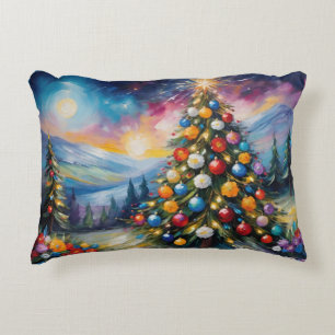Cojín Decorativo Árbol de Navidad floral y cielo nocturno pastel