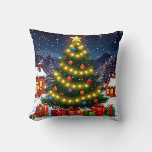 Cojín Decorativo Árbol de Navidad Resplandeciente en Pueblo Nevado 
