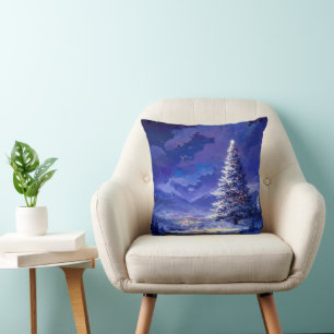 Cojín Decorativo Árbol de Navidad Resplandeciente Paisaje de Montañ