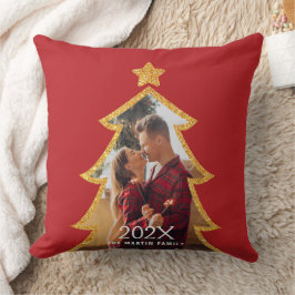 Cojín Decorativo Árbol de Navidad Rojo Brillante Foto Personalizada