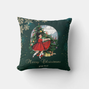 Cojín Decorativo Árbol de Navidad Vintage, Niña Copos de Nieve