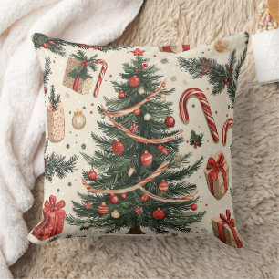 Cojín Decorativo Árbol de Navidad Vintage Toile Rojo Verde Crema