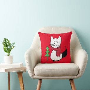 Cojín Decorativo Árbol de Navidad y Gato Lindo