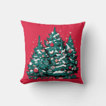 Árbol de pinos y adornos de navidad fondo rojo