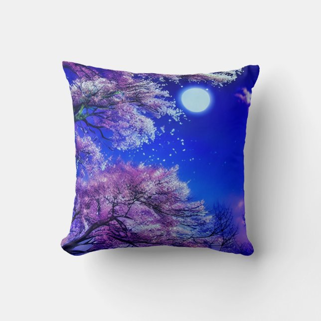 Cojín Decorativo Árbol de primavera, luna, cielo azul. (Anverso)
