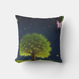 Cojín Decorativo Árbol de sauce nocturno con mariposas y luciérnaga