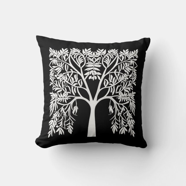 Cojín Decorativo Árbol de vida #1 blanco en negro (Anverso)