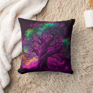 Cojín Decorativo Árbol Morado Colorido Estrellas Universo Arte