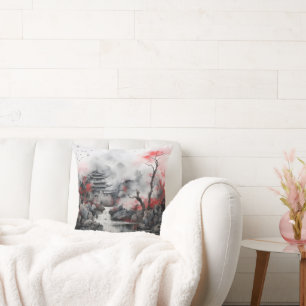 Cojín Decorativo Árbol rojo y casa asiática