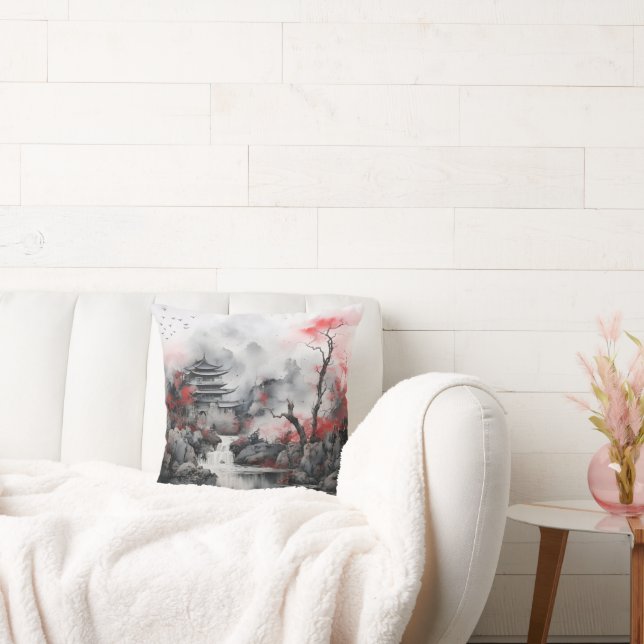 Cojín Decorativo Árbol rojo y casa asiática (Sofá)
