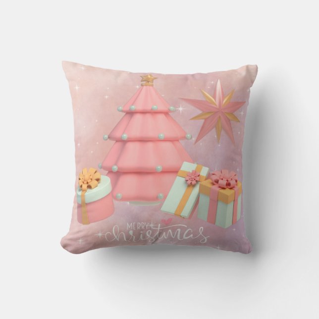Cojín Decorativo Árbol Y Estrellas De Navidad Rosa Y Oro (Anverso)
