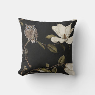 Cojín Decorativo Arboleda de magnolias con búhos 02 Oliva Blanco Ne