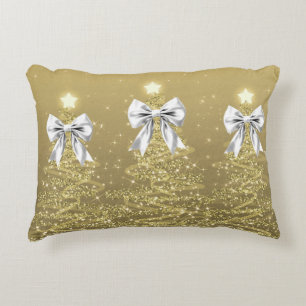 Cojín Decorativo Árboles Brillantes de Navidad Dorados con Lazo Fal