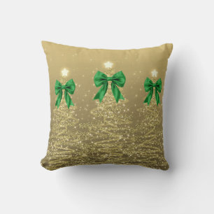 Cojín Decorativo Árboles brillantes de Navidad dorados con lazo ver
