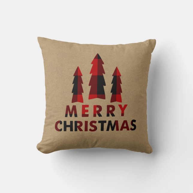 Cojín Decorativo Árboles de Navidad Alegres Rústicos Cuadros Rojos  (Anverso)