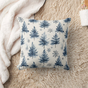 Cojín Decorativo Árboles de Navidad Azules Blancos Copos de Nieve