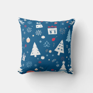 Cojín Decorativo Árboles de Navidad azules y blancos y copos de nie