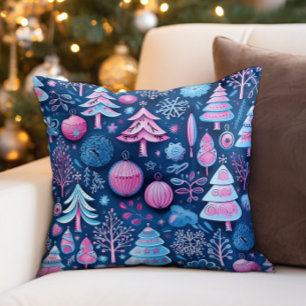 Cojín Decorativo Árboles de Navidad caprichosos rosas y azules