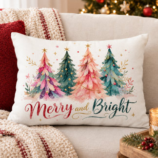 Cojín Decorativo Árboles de Navidad Coloridos Acuarela Alegre y Bri