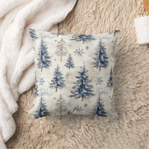 Cojín Decorativo Árboles de Navidad Copos de Nieve Crema Azul