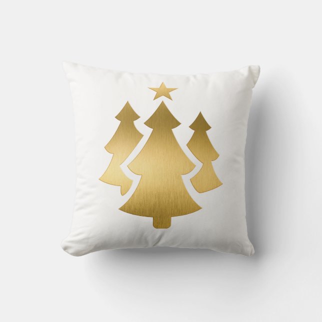 Cojín Decorativo Árboles de Navidad metálicos de oro en blanco (Anverso)
