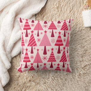 Cojín Decorativo Árboles de Navidad Patrón Rosa y Rojo Minimalista