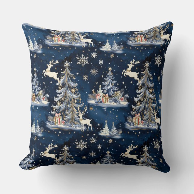 Cojín Decorativo Árboles de Navidad, renos y copos de nieve (Anverso)