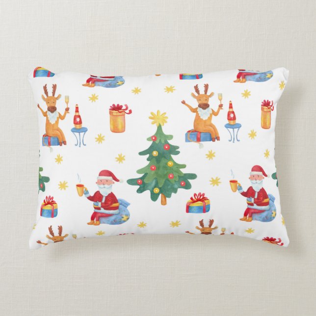 Cojín Decorativo Árboles de Navidad, Santa: patrón de acuarela. (Anverso)
