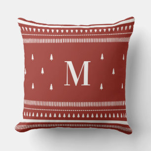 Cojín Decorativo Árboles de Navidad y monograma nórdicos rojos