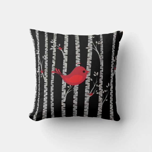 Cojín Decorativo Árboles de pájaros negros y blancos con pájaro roj (Anverso)