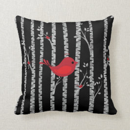 Cojín Decorativo Árboles de pájaros negros y blancos con pájaro roj