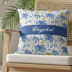Cojín Decorativo Árboles de Palma de Toile Azul Limones Monograma N