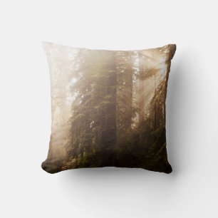 Cojín Decorativo Árboles de secuoya en niebla matutina con rayos d