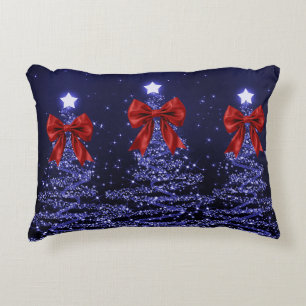 Cojín Decorativo Árboles Navideños Brillantes Azul Marino con Lazo 