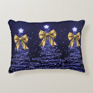 Cojín Decorativo Árboles Navideños Brillantes Azul Marino con Lazo