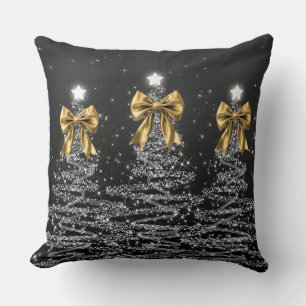 Cojín Decorativo Árboles Navideños Brillantes con Lazo Dorado Falso