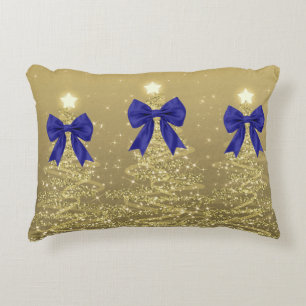Cojín Decorativo Árboles Navideños Brillantes Dorados con Lazo de N