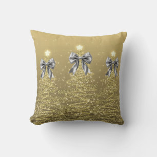 Cojín Decorativo Árboles Navideños Brillantes Dorados con Lazo Fals