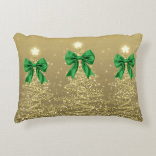 Cojín Decorativo Árboles Navideños Brillantes Dorados con Lazo Verd