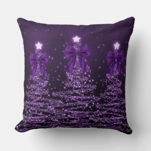 Cojín Decorativo Árboles Navideños Brillantes Morados con Lazo Fals