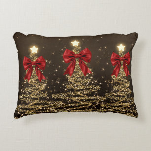 Cojín Decorativo Árboles Navideños Brillantes Rojo Oro con Lazo Fal