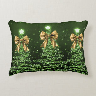 Cojín Decorativo Árboles Navideños Brillantes Verdes con Lazo Dorad