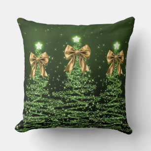 Cojín Decorativo Árboles Navideños Brillantes Verdes con Lazo Dorad