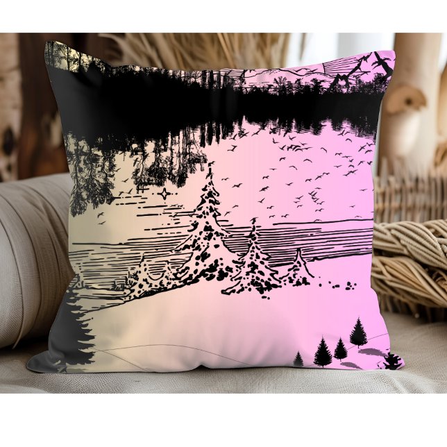 Cojín Decorativo Arboles Pinos Amanecer De Línea Rosa Y Amarilla (Subido por el creador)