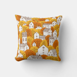 Cojín Decorativo Árboles y casas sin fisuras. Otoño, otoño ci