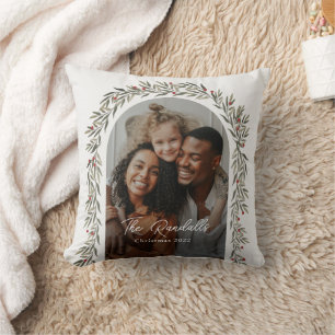 Cojín Decorativo Arco de Verdor Script Moderno Foto Navidad
